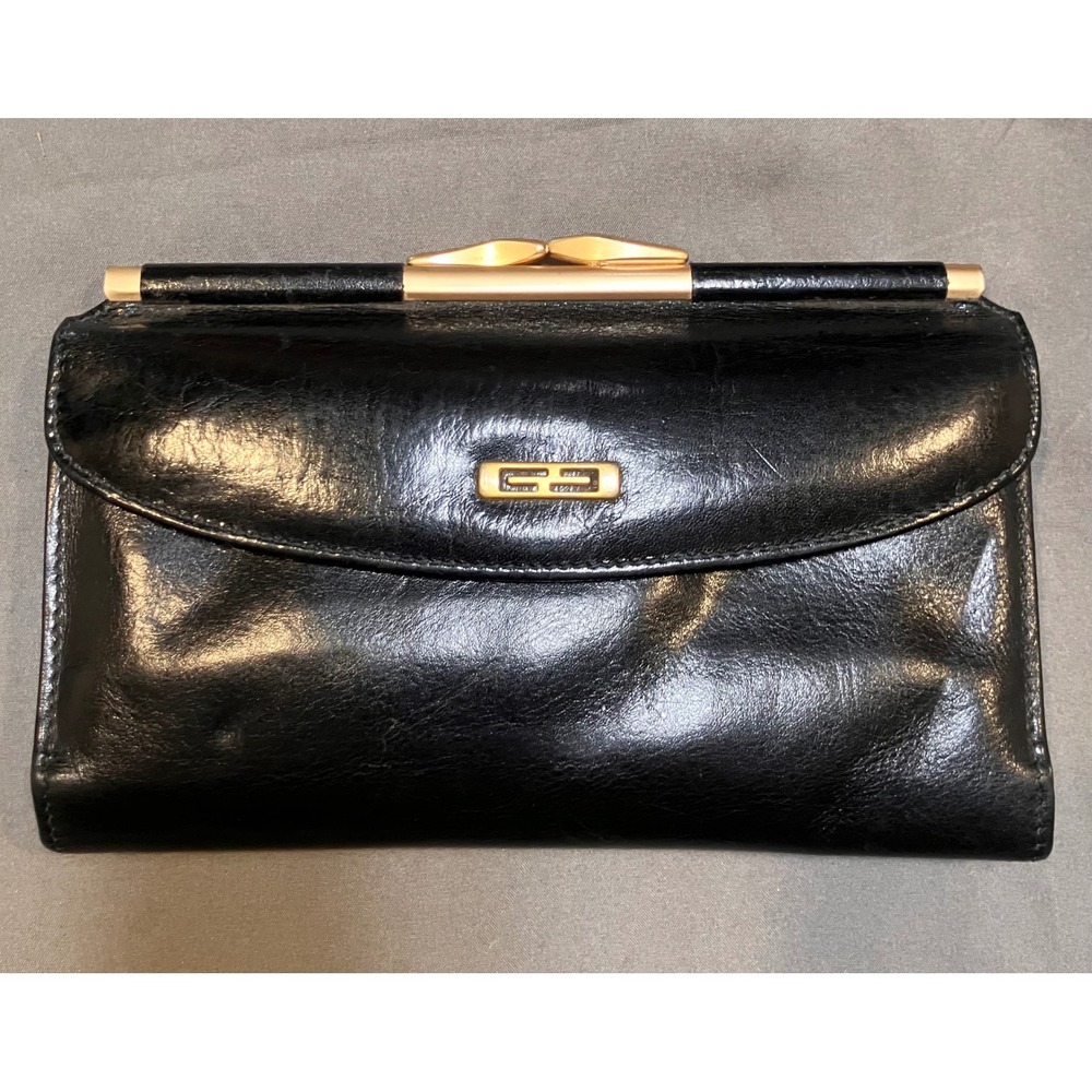 Garys Kiss Lock Wallet Womens OS Black Leather Vintage Made in USA Gold Hardware
